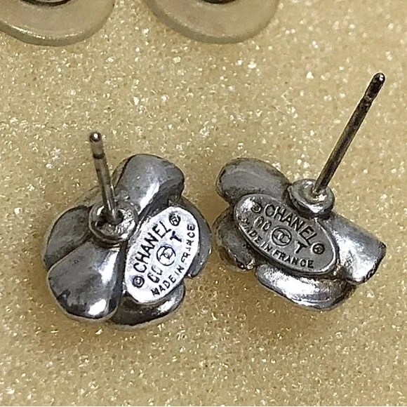 Authentic Chanel Silver Flower Earrings with Logo - Picture 7 of 7